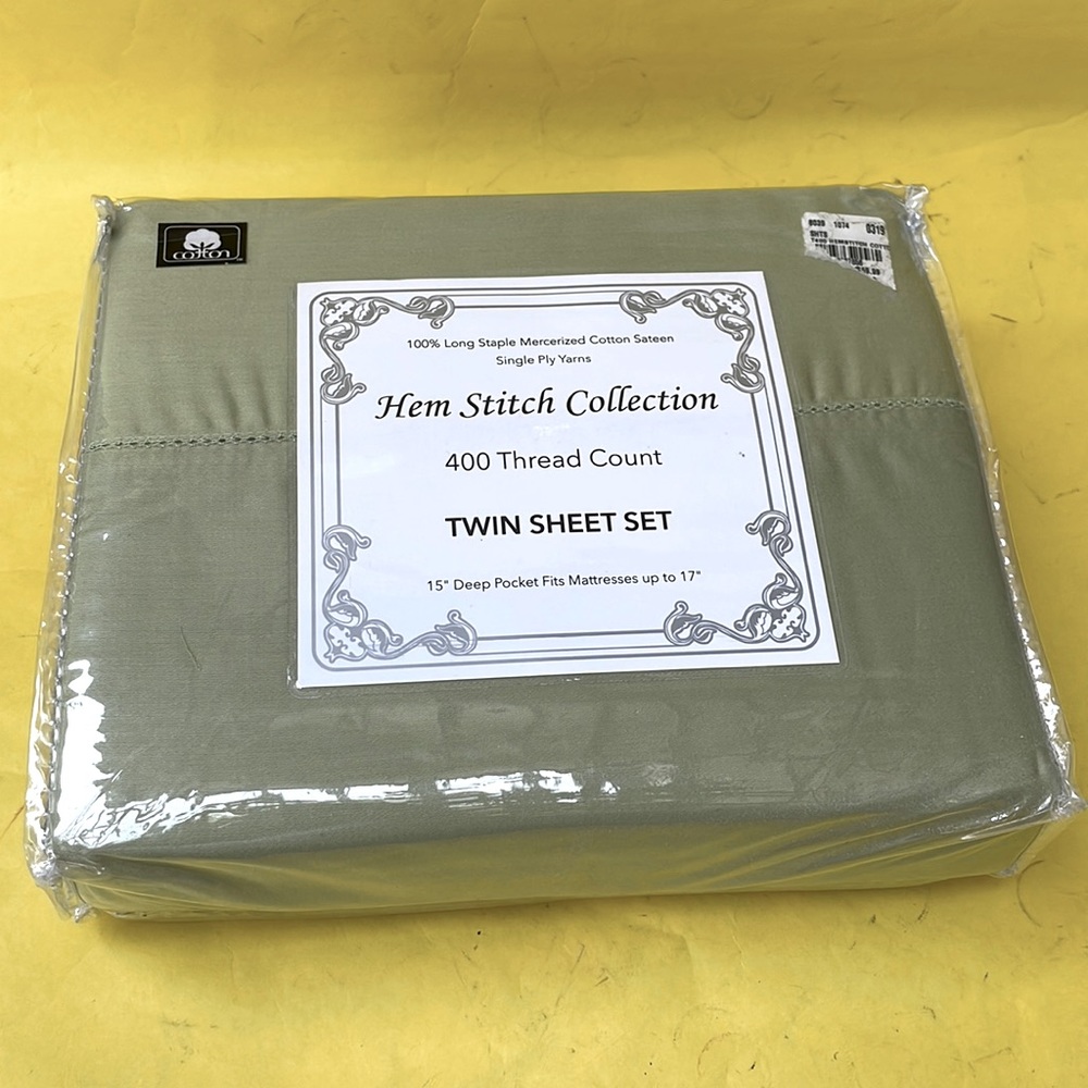 New light olive Hem Stitch Collection twin sheet set